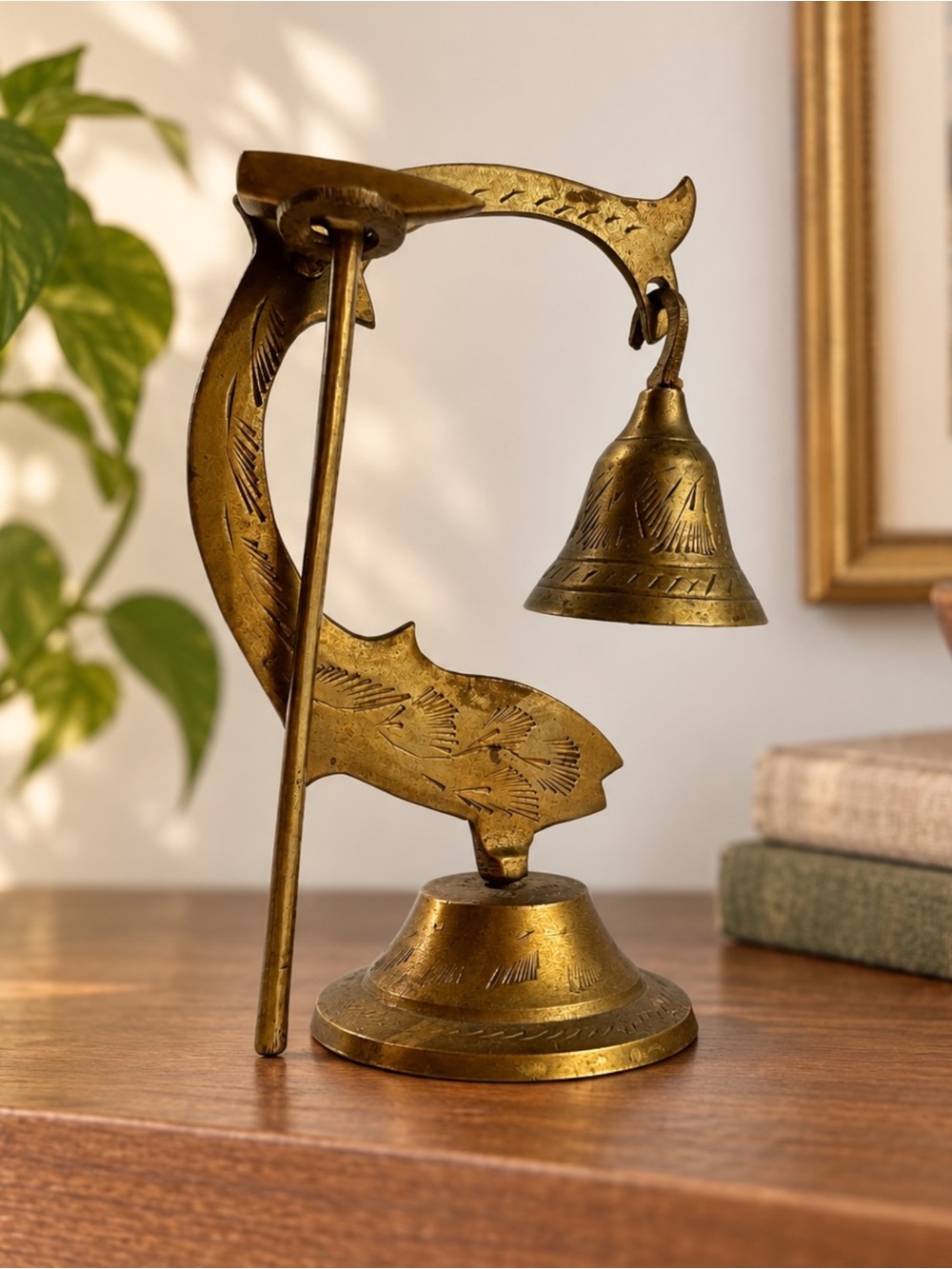 Vintage Brass Fish Gong 5" Dinner Bell Hand Etched Boho Nautical Decor Folk Gift